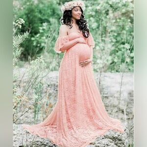 Elegant Pink Lace Off-Shoulder Maxi Dress